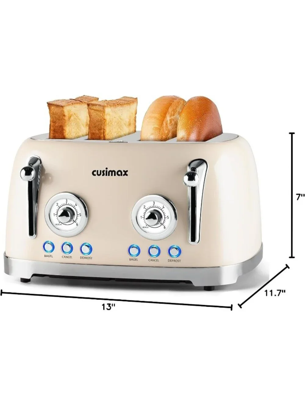 4 Slice Cream Stainless Steel Retro Defrost Toaster with Wide Slots for Bagels